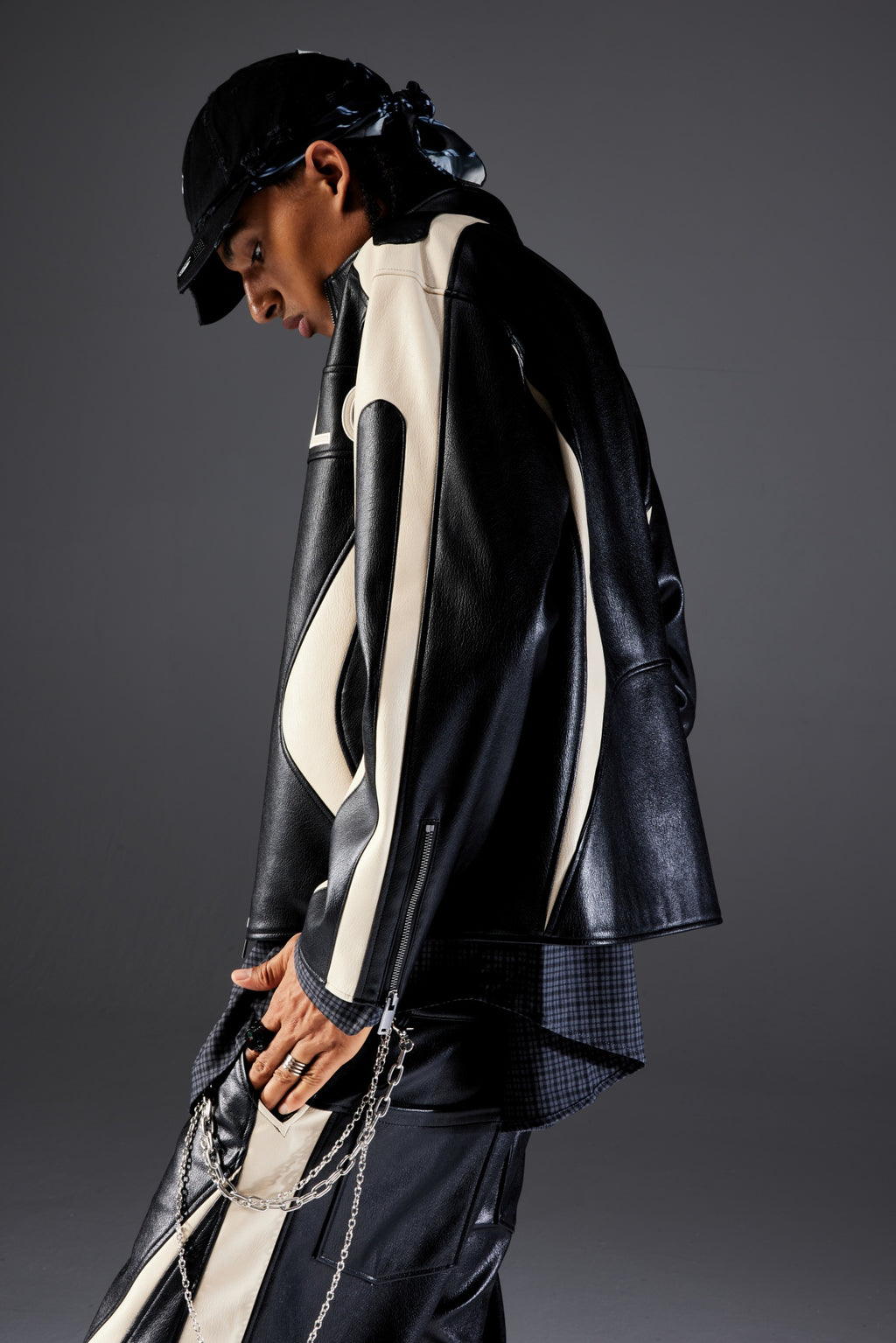 Beige Paneled Leather Jacket