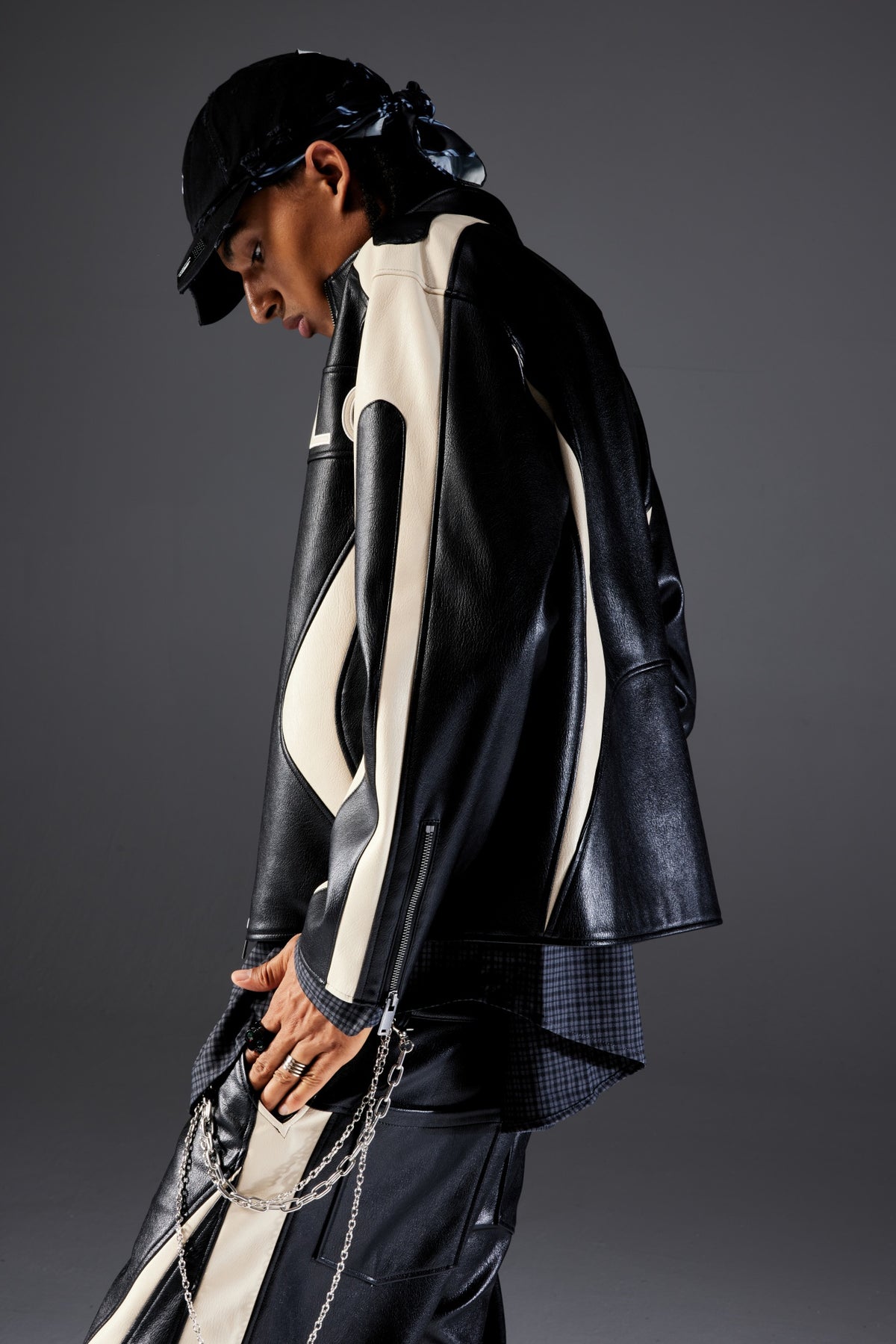 Beige Paneled Leather Jacket