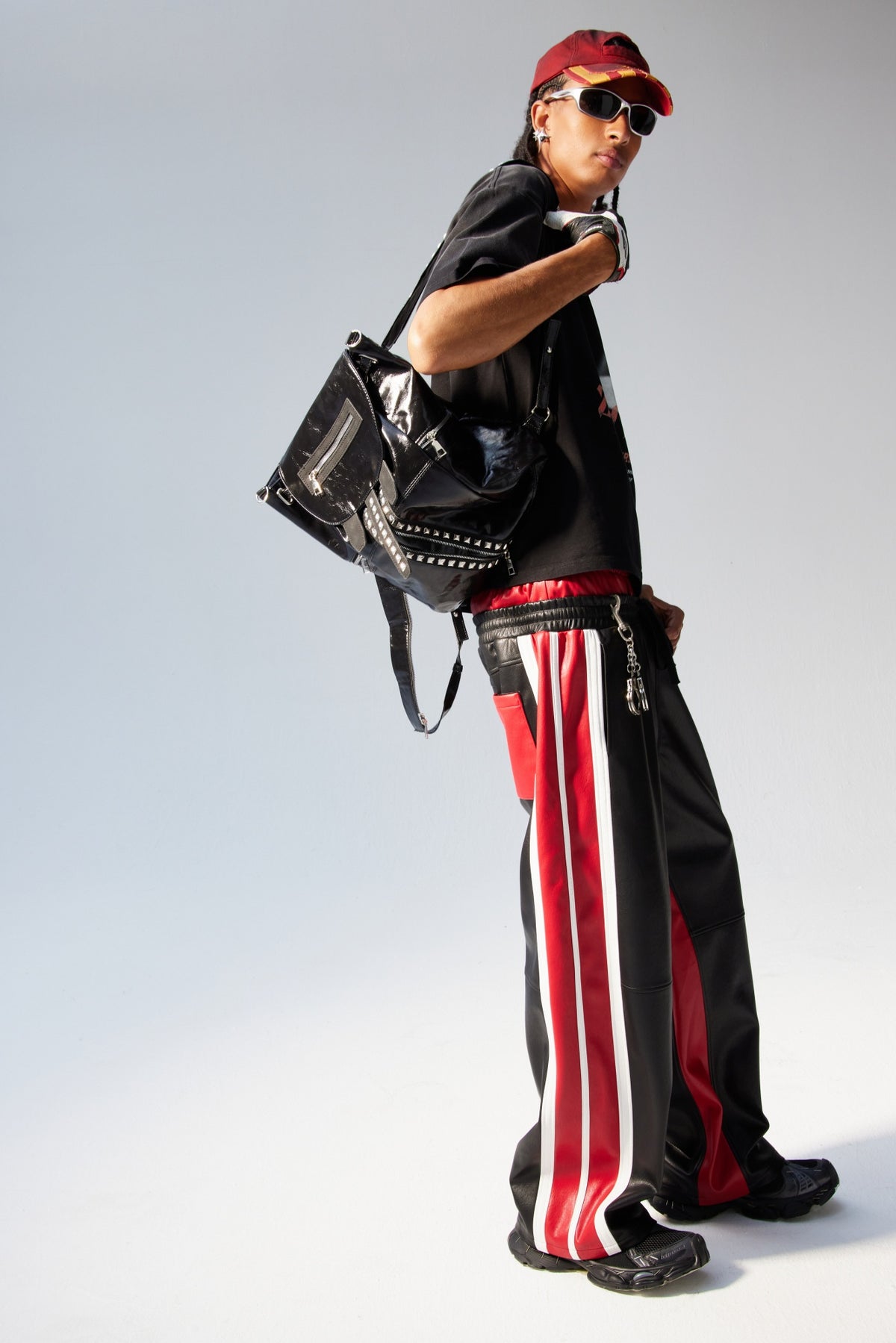 Red Paneled Leather Pants