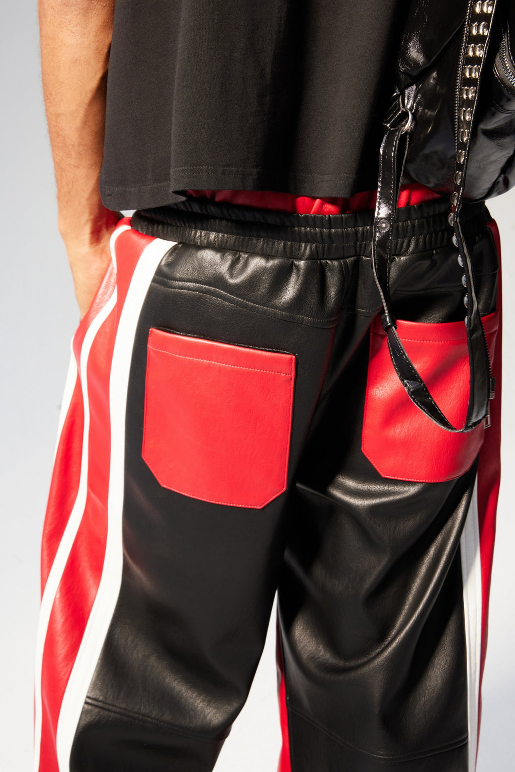 Red Paneled Leather Pants