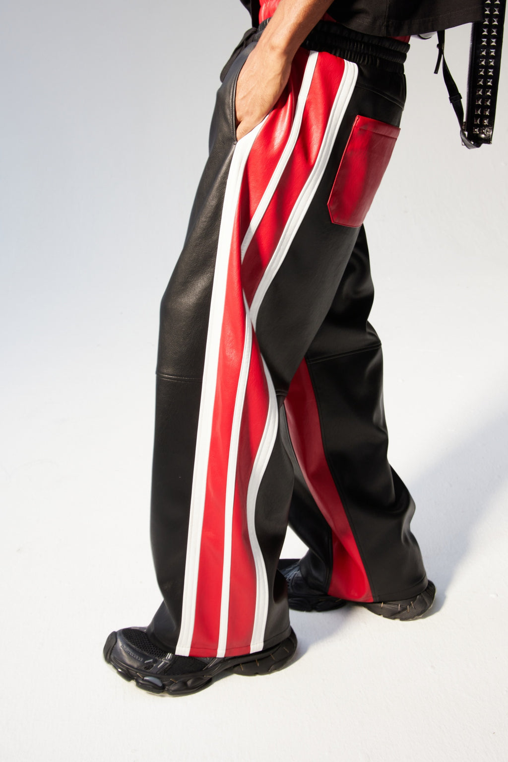 Red Paneled Leather Pants