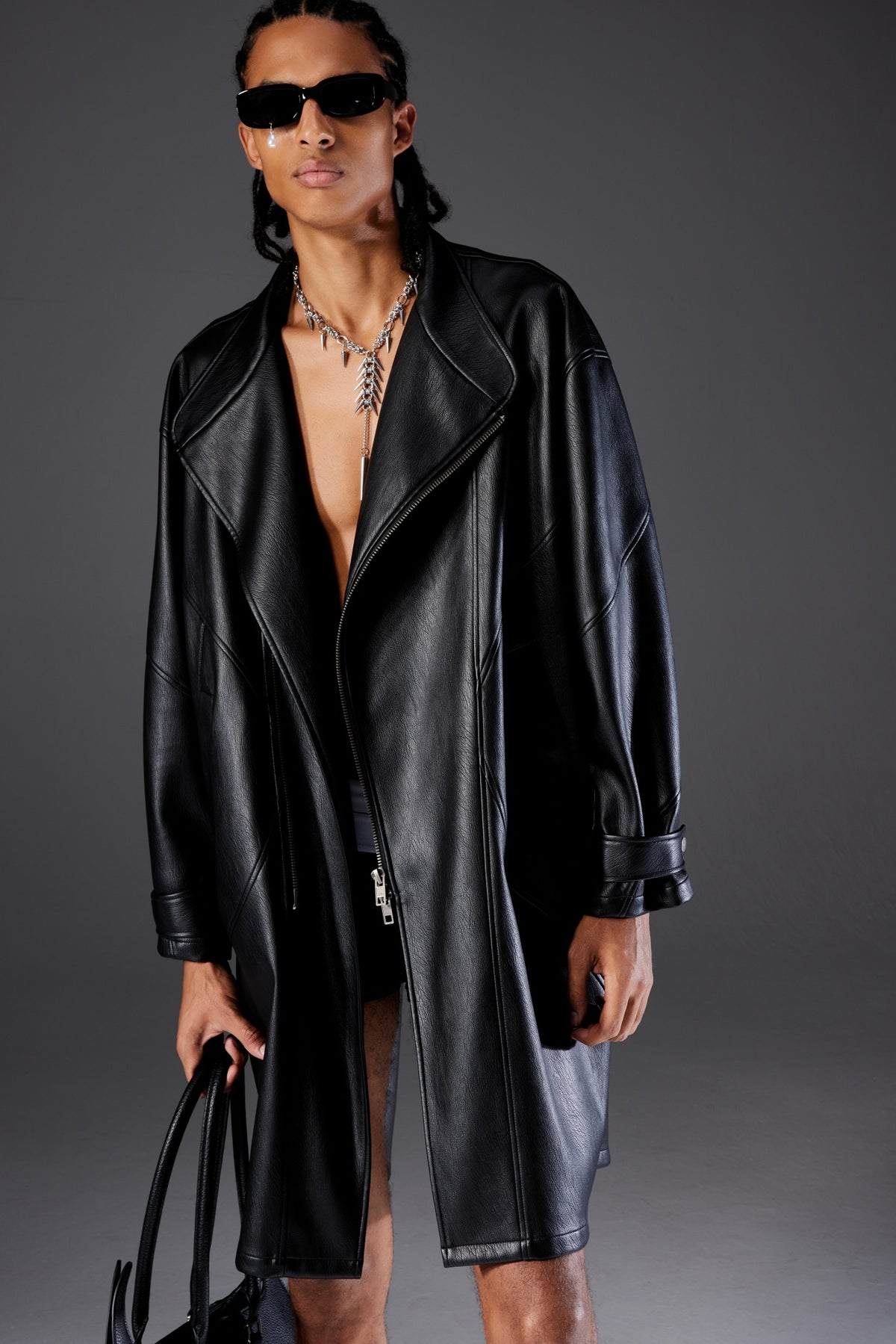 Sleek Collarless Leather Coat