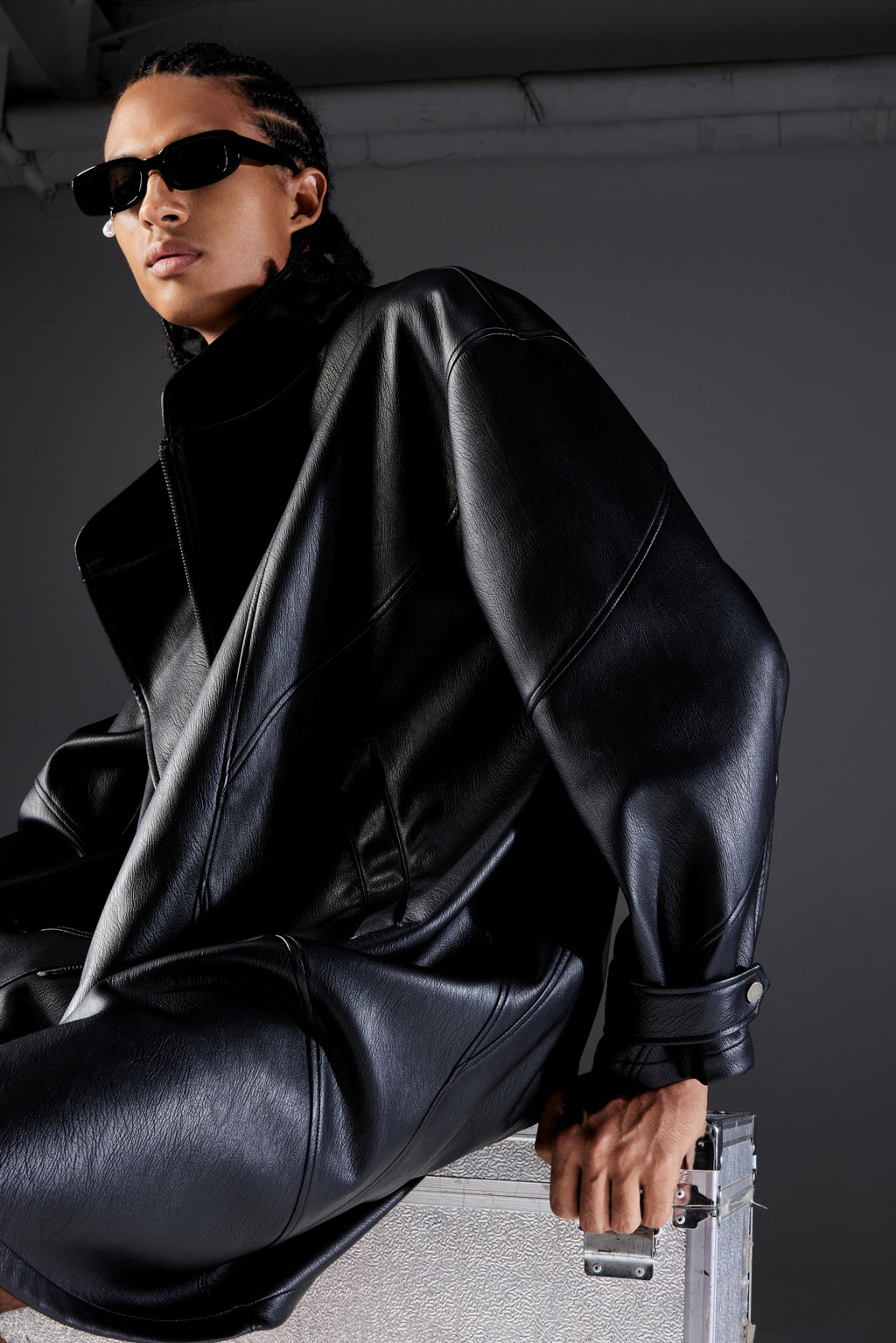 Sleek Collarless Leather Coat