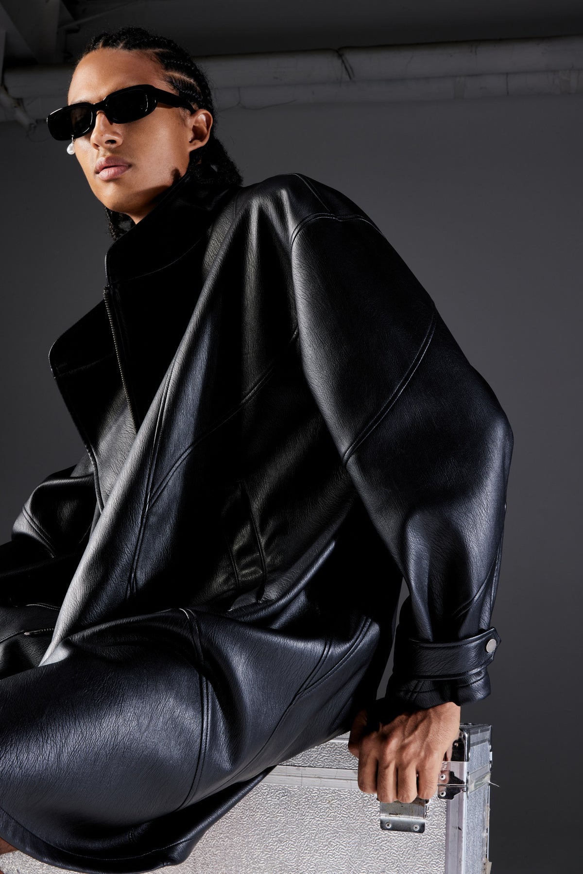 Sleek Collarless Leather Coat